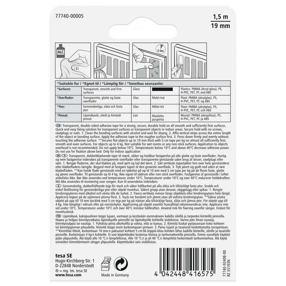 Tesa Monteringstape Til Transparente Overflader Og Glas (20 Kg/m), Rulle 6 Tesa Monteringstape Til Transparente Overflader Og Glas (20 Kg/m), Rulle - Billede 4