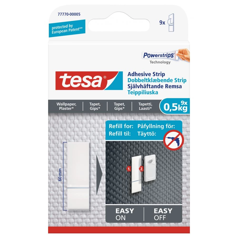 Tesa Dobbeltklæbende Strips Til Tapet Og Gips (0,5 Kg), 9 Stk. 3 Tesa Dobbeltklæbende Strips Til Tapet Og Gips (0,5 Kg), 9 Stk.