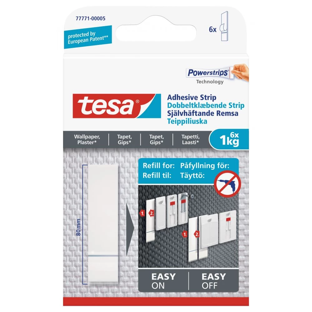 Tesa Dobbeltklæbende Strips Til Tapet Og Gips (1 Kg), 6 Stk. 3 Tesa Dobbeltklæbende Strips Til Tapet Og Gips (1 Kg), 6 Stk.